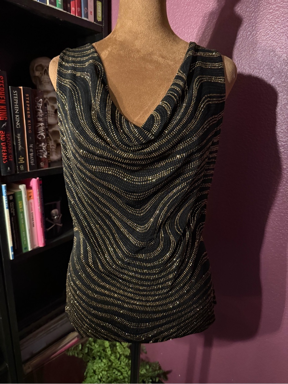 Fashion Bug Black and Gold Cowl Neck Sleeveless Top